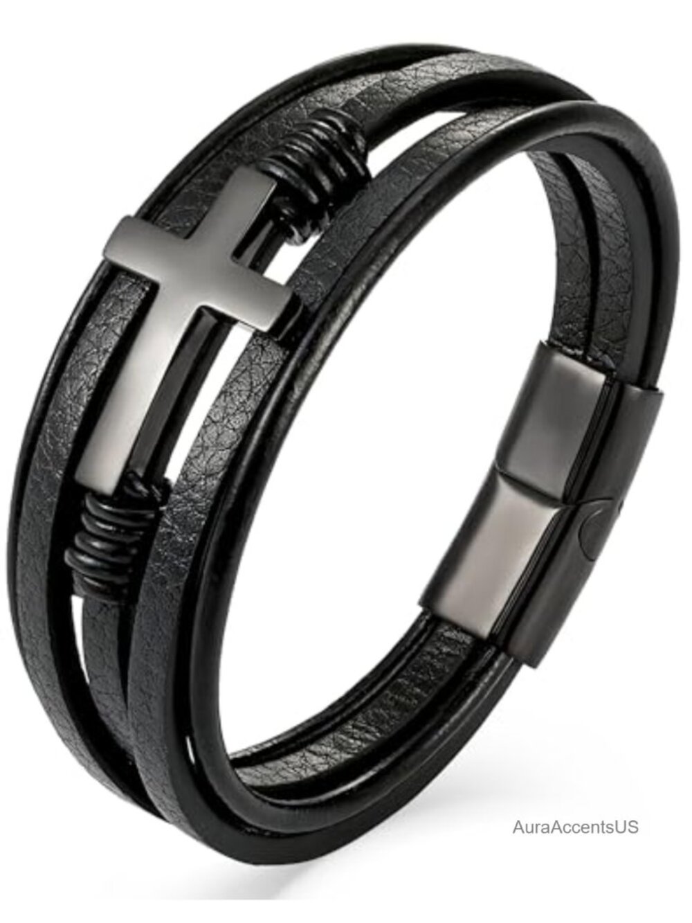 Men's Leather Bracelet Stainless Steel Cuff 8.3" Religious